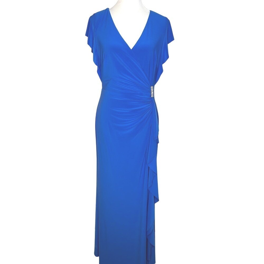 Lauren Ralph Lauren‎ Royal Blue Faux Wrap Gown Rhinestone Brooch Dress 8 New